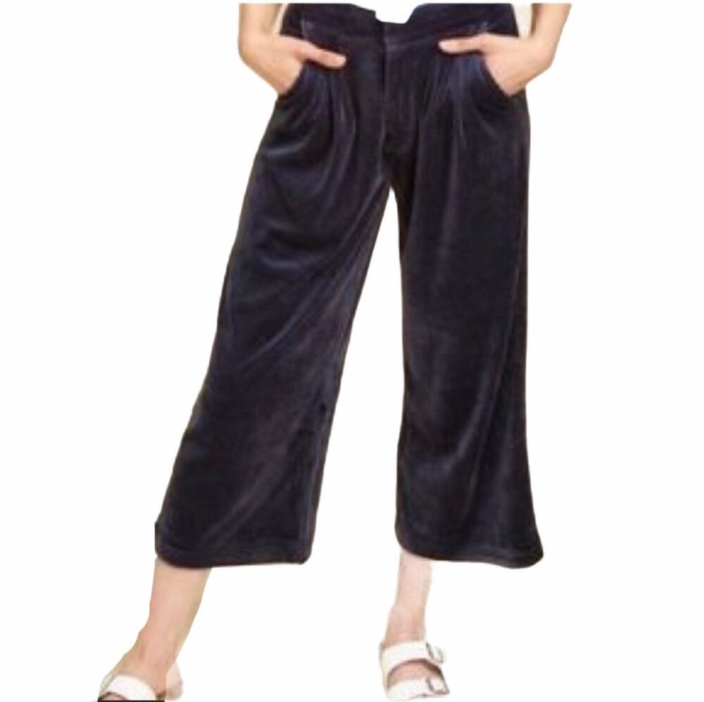 Juicy Couture Pants Black Label Wide Leg Cropped Navy Velour Size L Large